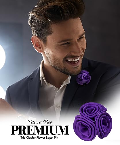Premium Trio Cluster Flower Lapel Pin - Formal Boutonniere for Men, Flower Brooch Pin - color: Purple