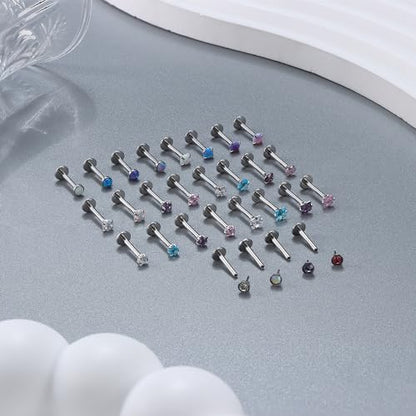 Besteel 28Pcs Threadless Nose Rings Studs Set Surgical Steel Lip Nostril Labret Medusa Piercing Jewelry Push in Tragus Conch Helix Flat Back Earrings for Women Men 16G 18G 20G 6/8mm - style: 16G-8MM