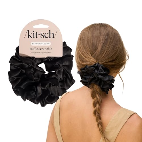 Kitsch Ruffle Satin Scrunchies For Women - Gentle Hair Tie - Black, 1pc | Wake Up Frizz-Free, No Crease Hair Ties, Softer Than Silk Scrunchies, Stylish Hair Accessories For All Hair Types - color: Black Ruffle