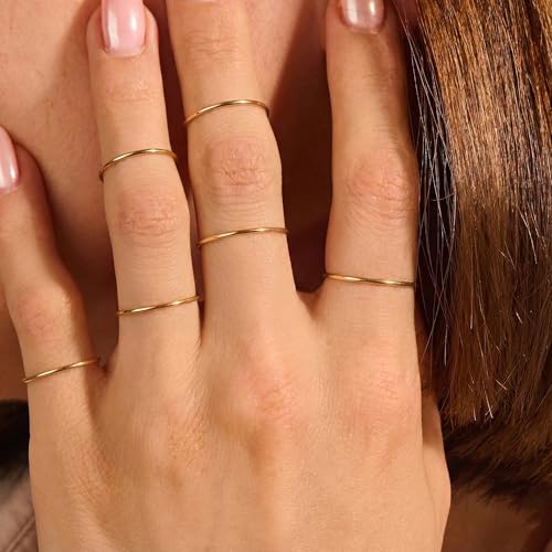 ALEXTINA 1mm Stainless Steel Stacking Rings for Women Thin 14K Gold Plated Band Rings Non Tarnish Stackable Knuckle Rings Thumb Pinky Midi Rings Comfort-Fit Size 4/5/6/7/8/9 - style: Domed