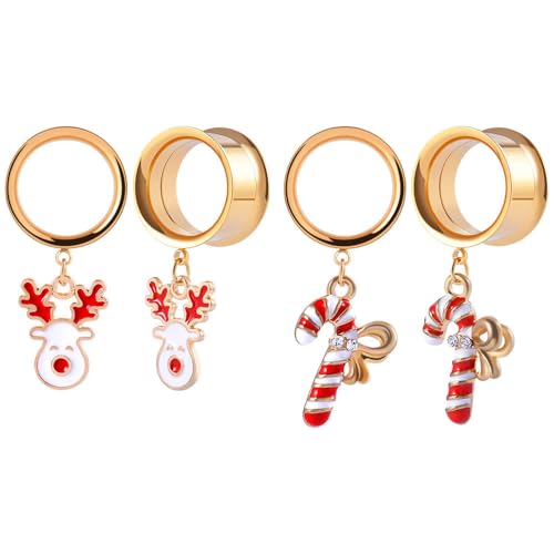 ERKUOO 4PCS Christmas Ear Tunnels Set Stainless Steel Double Flare Gold Tone Plug Gauges with Santa Snowman Reindeer Candy Cane Dangle Charms Holiday Stretching Jewelry Gift for Women Men 6mm-25mm - color: Reindeer & Candy Cane Set, size: 8mm