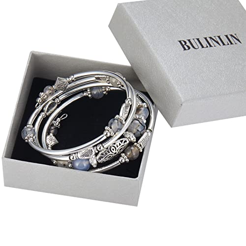 BULINLIN Layered Wrap Bangle Turquoise Bracelet - Bead Bracelet with Natural Agate Stone, Gifts For Women - color: 03-Grey leopard