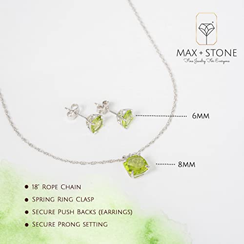 MAX + STONE 14k Gold Plated or Sterling Silver Cushion Cut Gemstone Stud Earrings and Pendant Necklace for Women with 6mm and 8mm Birthstones 18 Inch Chain and Push Backs Jewelry Set - style: Sterling Silver|Genuine Peridot