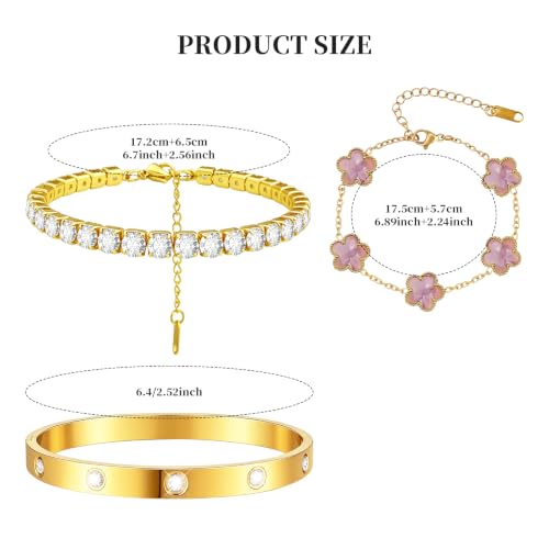 Gold Stackable Bracelets for Women 18K Gold Plated Floral Bracelet, Stainless Steel Bangle Bracelets Trendy Jewelry as Gifts for Women - style: Purple pink