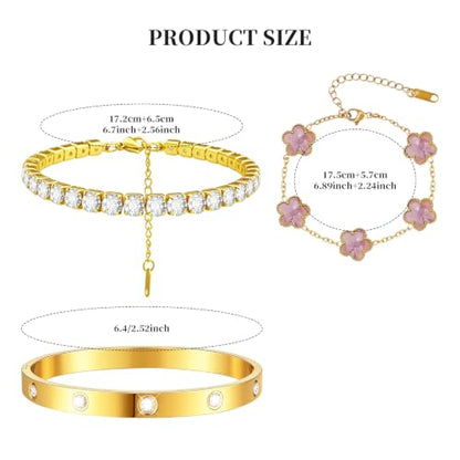 Gold Stackable Bracelets for Women 18K Gold Plated Floral Bracelet, Stainless Steel Bangle Bracelets Trendy Jewelry as Gifts for Women - style: Purple pink