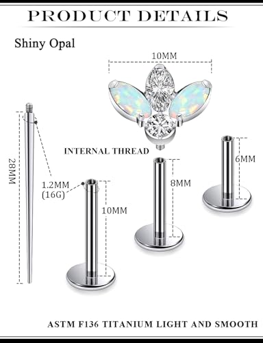 16G Astm F136 Titanium Internal Thread Flat Back Earrings Nose Studs Tragus Forward Helix Conch Cartilage Lobe Earrings Stud Medusa Labret Monroe Lip Ring Piercing Jewelry For Women Men - size: 16G--Style H-Opal