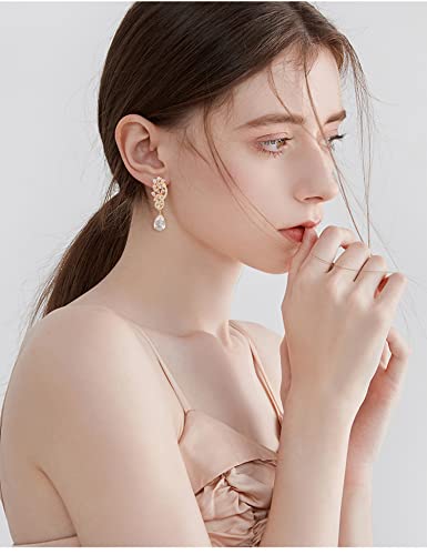 CZ Bridal Earrings for Wedding - 14k Plated Sterling Silver Elegant Teardrop Cubic Zirconia Crystal Rhinestone Floarl Leaf Cluster Chandelier Statement Dangle Drop Earrings for Bride Bridesmaids Party - color: 14K Gold Plated
