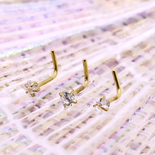 3 Pcs 14K Gold Filled Nose Studs 20G Stainless Steel Stud Nose Ring 2mm/2.5mm/3mm Round CZ L Bend Nose Stud Hypoallergenic Nose Piercing - color: gold hoop stud 10