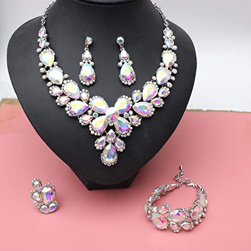 Women's Wedding Bridal Austrian Crystal Glass Teardrop Statement Necklace Dangle Earrings Bracelet Ring Wedding Party Jewelry Set for Bridal Bridesmaid - color: AB Crystal-Platinum Plated