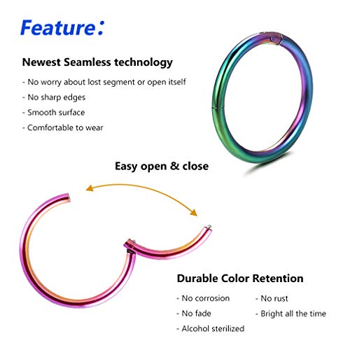 4Pcs 16G 18G 20G Surgical-Steel-Piercing-Ring-Nose-Rings-Hinged-Hoop-Earrings,6mm 8mm 10mm 12mm Seamless Stainless Steel Clicker Eyebrow Septum Piercing Hoop,Sliver Black Gold Rose Gold Rainbow Body Jewelry Set - color: 16G Rainbow