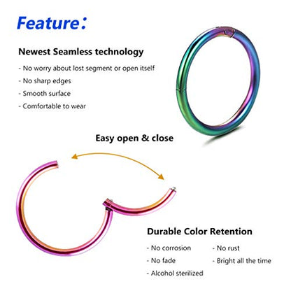 4Pcs 16G 18G 20G Surgical-Steel-Piercing-Ring-Nose-Rings-Hinged-Hoop-Earrings,6mm 8mm 10mm 12mm Seamless Stainless Steel Clicker Eyebrow Septum Piercing Hoop,Sliver Black Gold Rose Gold Rainbow Body Jewelry Set - color: 16G Rainbow