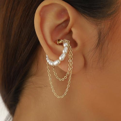 14K Gold Plated Ear Cuff Earring for Women Non Piercing, Dainty Pearl Tassels Beads Ear Cuff Minimalist Cuff Earrings Jewelry Gift - style: Pearl Tassel Chain