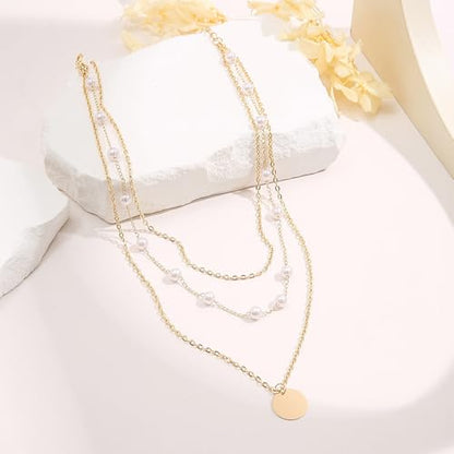 3Pcs Gold Circle Pendant Necklace Set Dainty Layered Stacked Pearls Chain Choker Necklace Trendy Birthday Jewelry Accessory Gift for Women - color: Gold Pearl