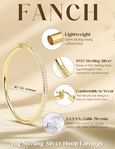 925 Sterling Silver Hoop Earrings for Women Sparkly Cubic Zirconia Large Hoops 18K White Gold Plated Hypoallergenic Lightweight Rhinestone Big Hoop Earrings 40/50MM Silver/Gold - color: 50mm-Gold