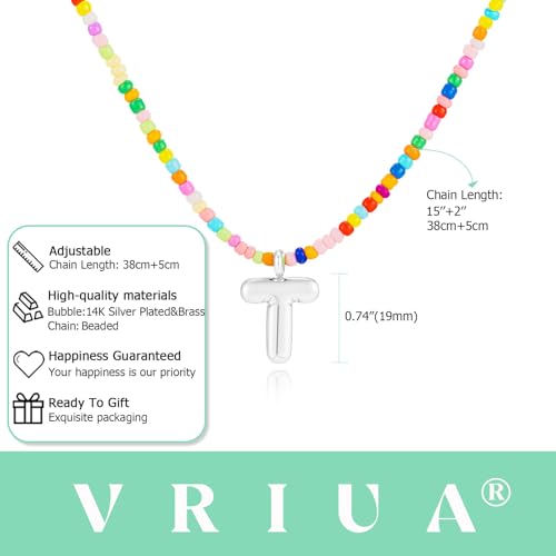 VRIUA Colorful Initial Necklaces for Women – Bubble Letter A-Z Necklace Handmade Beaded Necklace Dainty Initial Necklaces for Girls Kids - Teen Girls Gifts Trendy Jewelry - color: Silver, style: T