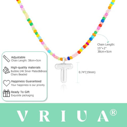 VRIUA Colorful Initial Necklaces for Women – Bubble Letter A-Z Necklace Handmade Beaded Necklace Dainty Initial Necklaces for Girls Kids - Teen Girls Gifts Trendy Jewelry - color: Silver, style: T