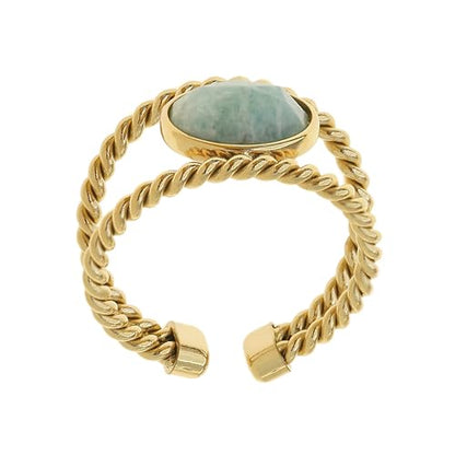 Made by Nami Adjustable Gold Plated Gemstone Ring for Women Handmade Boho Stacking Rings Chunky Open Band Turquoise Statement Jewelry Unique Minimalist Design for Everyday or Special Occasions - style: Double Row Turquoise Stone