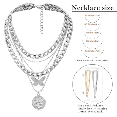 MJartoria Layered Necklaces for Women Trendy Retro Coin Pendant | Dainty Chunky Chain, Choker Necklaces, Jewelry Birthday Gifts - color: Silvery, style: A-X-Butterfly-5 in 1 Layered