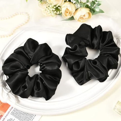 2 PCS Black Jumbo Satin Silky Scrunchies 6.5 Inches Oversized Scrunchie Extra Large Big Hair Ties Ponytail Holder for Thick Curly Hair Women (Black) - color: Black