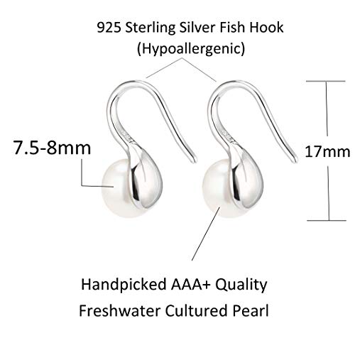 925 Sterling Silver Hoop Handpicked AAA+ Quality 7.5-8mm White Freshwater Cultured Pearl Dangle Drop Earrings Jewelry for Women - color: 1. Silver