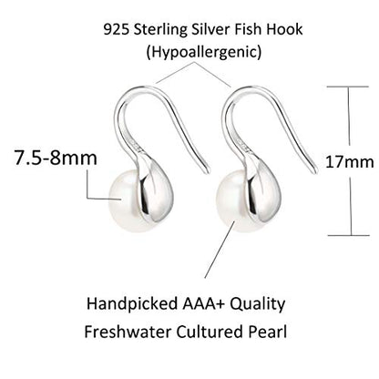 925 Sterling Silver Hoop Handpicked AAA+ Quality 7.5-8mm White Freshwater Cultured Pearl Dangle Drop Earrings Jewelry for Women - color: 1. Silver