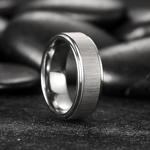 King Will Classic Tungsten Carbide Ring Brushed Two Grooved Center Hammered Design Mens Wedding Band for Men | Black/Silver/Gold, 8mm, Men's Wedding Band, Grooved, Comfort Fit, Everyday Wear - color: C-Silver Horizon Brushed