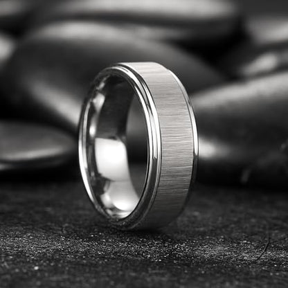 King Will Classic Tungsten Carbide Ring Brushed Two Grooved Center Hammered Design Mens Wedding Band for Men | Black/Silver/Gold, 8mm, Men's Wedding Band, Grooved, Comfort Fit, Everyday Wear - color: C-Silver Horizon Brushed