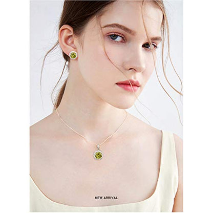 Bridal Crystal Jewelry Set - Sterling Silver Round Cubic Zirconia CZ Rhinestone Halo Birthstone Pendant Necklace Stud Earrings Set for Wedding Bride Bridesmaids Birthday Gift - color: Olive Green
