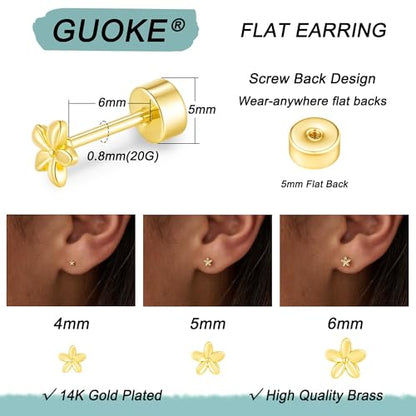 3 Pair Tiny Flat Back Earrings for Women - 14K Gold/White Gold Plated Dainty Cute Small Screw Flatback Stud Earring, Everyday Wear Gift - color: Flower Flat-4/5/6mm Gold