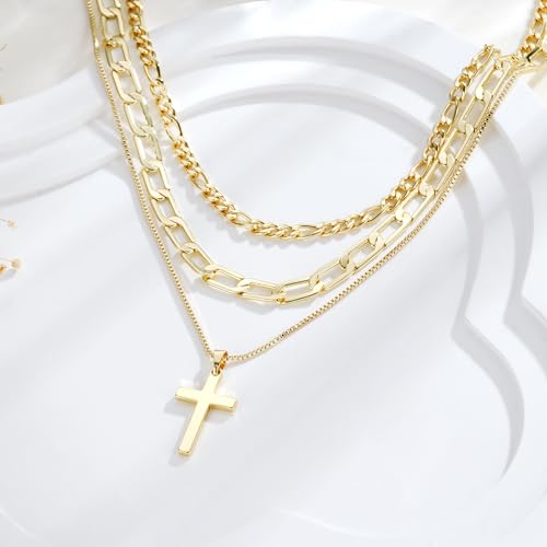 M MOOHAM Cross Necklace for Women Non Tarnish - 14K Gold Plated Dainty Clover Cross Layered Necklaces Stack Set Herringbone Figaro Paperclip Chain Necklace Trendy Religious Baptism Faith Jewelry Gifts - color: cross-figaro paperclip box chain
