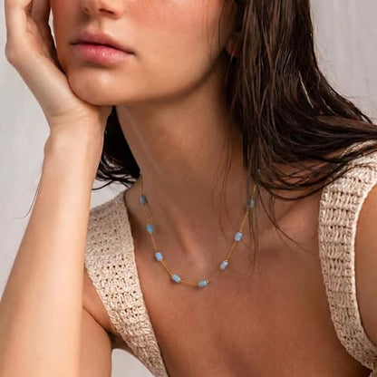 RINHOO Dainty Beaded Necklace for Women 18K Gold Plated Stainless Steel Colorful Blue Pink Choker Boho Choker Necklace Jewelry Gift for Women - color: Style 1-Blue