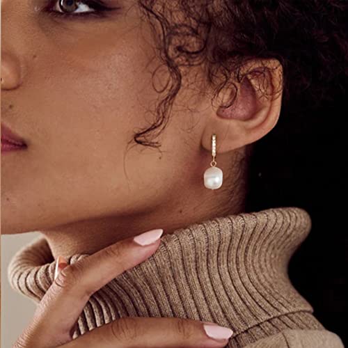 CERSLIMO Pearl Drop Earrings for Women | S925 Sterling Silver Post Simulated Shell Pearl Hoop Dangle Earrings, Hypoallergenic Cubic Zirconia Huggies Earrings Bridesmaid Jewelry - style: 03 Gold-Baroque