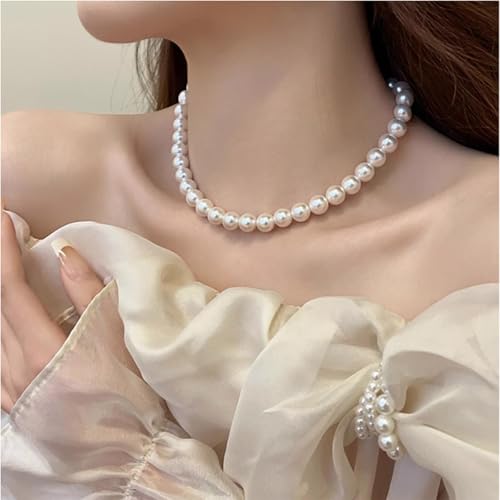 Sterling Silver Pearl Jewelry Set, 8mm Round Shell Pearl Choker Necklace & Stud Earrings, Hypoallergenic Pearl Jewelry with Velvet Pouch, Classic Pearl Accessories for Daily Wear, Wedding, Party & Gift for Women