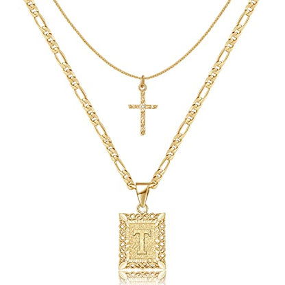 KELORIS PATH Gold Layered Initial Cross Necklace, 14K Gold Plated Layering Square Letter Pendant Figaro Chain Cross Choker from A-Z Capital Jewelry for Women Girls | 14K Gold Plated Square/Hexagon Letter Pendant with Figaro Chain, Stackable Jewelry Gifts,