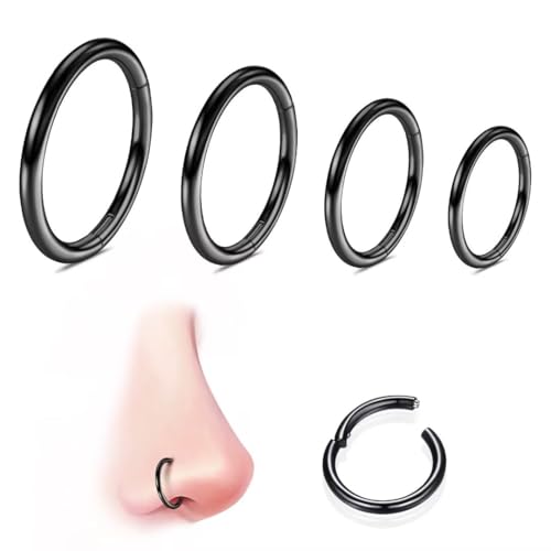 WBRWP 316L Stainless Steel Nose Rings Hoop for Women Men Hypoallergenic | 20G 18G 16G 14G Conch Piercing Jewelry Segment Clicker Lip Rings Helix Cartilage Rook Earrings Diameter 6mm 8mm 10mm 12mm - color: 4pc set in black color(each dia. 1 pc)