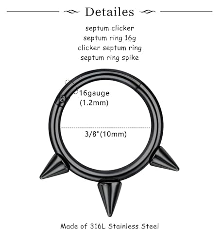 Longita Septum Rings Septum Jewelry 16g 18g Septum Ring Septum Piercing 20g Horseshoe Earring Hoop Lip Ring Silver Black Gold - color: 6pcs black