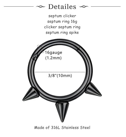 Longita Septum Rings Septum Jewelry 16g 18g Septum Ring Septum Piercing 20g Horseshoe Earring Hoop Lip Ring Silver Black Gold - color: 6pcs black