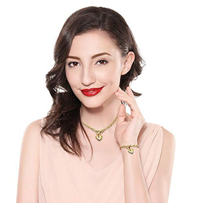 Heart Chain Necklace + Heart Bracelet for Women Girls Hearts Pendant Toggle Charm Jewelry Set Stainless Steel 18K Gold/Rose Gold Silver - color: Gold