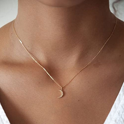 HANLI 14K Gold Plated Necklaces for Women - Dainty Butterfly, Star of David, Moon and Star, Sun, Lotus, Infinity, Hummingbird, Bee,Boots,Chill,Sunflower Pendant Designs - Elegant Jewelry for Women - color: Moon CZ
