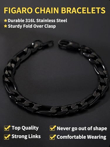 ChainsHouse Figaro Link Chain Bracelet for Men Stainless Steel Jewelry | Black/ Gold Bracelets Men, 6/9/13mm Figaro Cuabn Bracelets 7.5"/8.3", Chunky Hip Hop Wrist Hand Chain Bracelet for Gift - color: h: 9mm-black