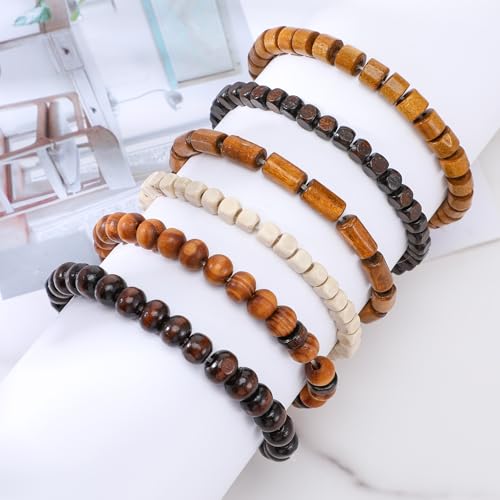Wooden Mens Beaded Bracelets Adjustable Elasticity Mens Bracelet Multi-Layer Detachable Beaded Bracelets for Men - color: T-002