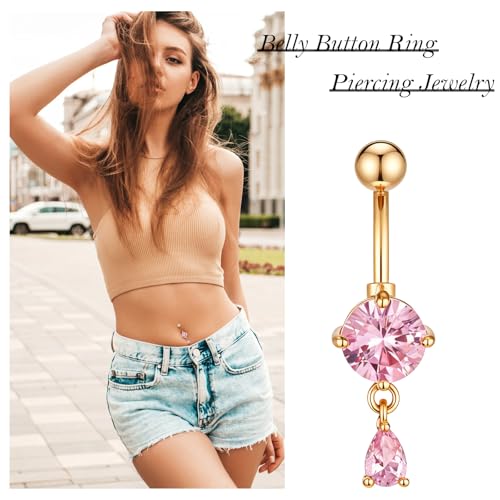 5pcs Gold Plated Pink Dangle Belly Button Rings, Clear CZ Belly Button Jewelry, Butterfly Bow Flower Cute Belly Button Rings for Women, Stainless Steel Dainty Dangly Dangling Belly Button Piercing