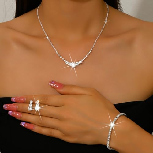 Silver Wedding Prom Jewelry Sets Sparkling Crystal Chain Necklace Earrings Bracelet Set Rhinestone Wedding Set Formal Prom Costume Jewelry Sets for Women and Brides - color: Silver