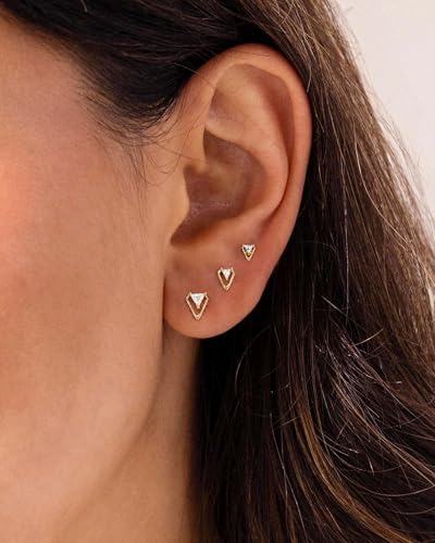 3 Pair Tiny Flat Back Earrings for Women - 14K Gold/White Gold Plated Dainty Cute Small Screw Flatback Stud Earring, Everyday Wear Gift - color: cz triangle gold