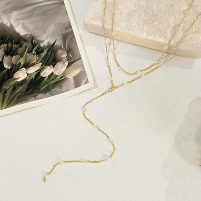 LULII Gold Necklace for Women Trendy Lariat Y Necklace Dainty 14k Gold Plated/Silver Long Necklaces for Women Layered Beaded Drop Necklaces Simple Y-Shaped Chain Jewelry Gifts - color: Y Layered Pearl Necklace-Gold
