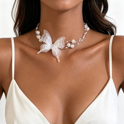 Lace Butterfly Necklace Dainty Pearl Beaded Bow Tie Ribbon Necklaces Long Elegant Lace Fairy Tassel Choker White Black Pink Blue Butterfly Choker Necklaces Cute Butterfly Jewelry Y2K Aesthetic Jewlery for Wedding Party Prom - color: White