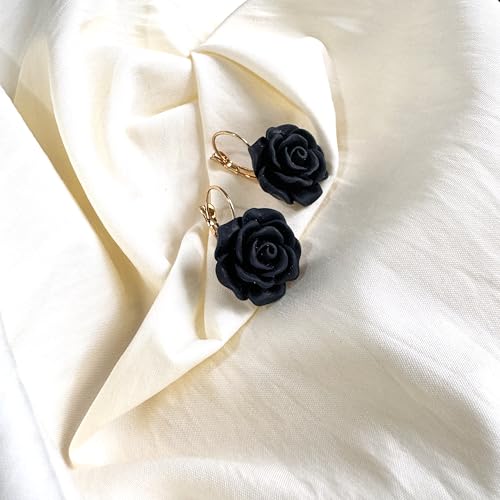 Handmade Bohemian Aesthetic Dainty Acrylic Flower Petal Leverback Earrings Sparkly 14K Gold Floral Dangle Drop Earrings for Women - color: Black