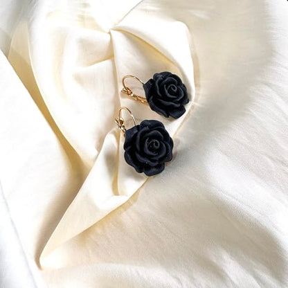 Handmade Bohemian Aesthetic Dainty Acrylic Flower Petal Leverback Earrings Sparkly 14K Gold Floral Dangle Drop Earrings for Women - color: Black