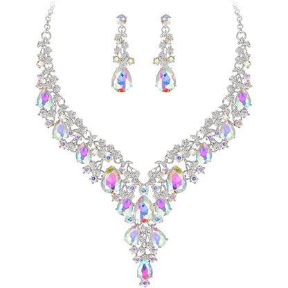Bridal Bridesmaid Austrian Crystal Jewelry Set, Floarl rhinestone Statement Neckace Teardrop Necklace Drop Dangle Earrings Set - color: White AB Color-Silver Tone