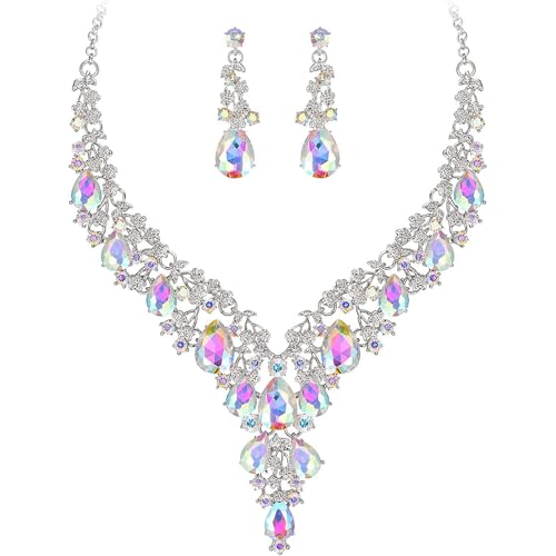 Bridal Bridesmaid Austrian Crystal Jewelry Set, Floarl rhinestone Statement Neckace Teardrop Necklace Drop Dangle Earrings Set - color: White AB Color-Silver Tone